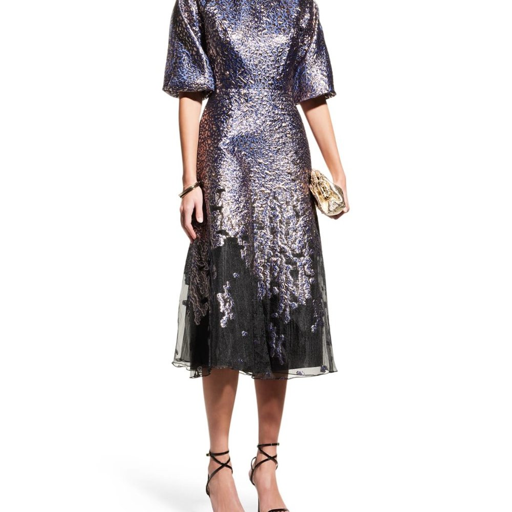Rickie Freeman for Teri Jon Metallic Organza Jacquard Tea-length dress. Size 6.